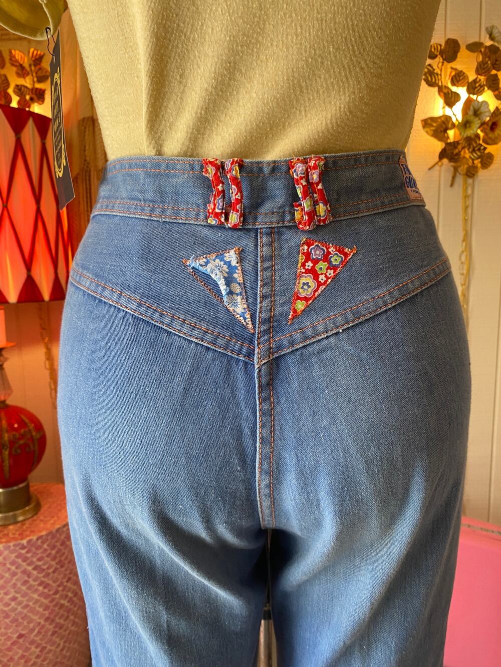 vintage 1970s patchwork jeans, 70s denim, faded glory, beaded trim 30 waist med